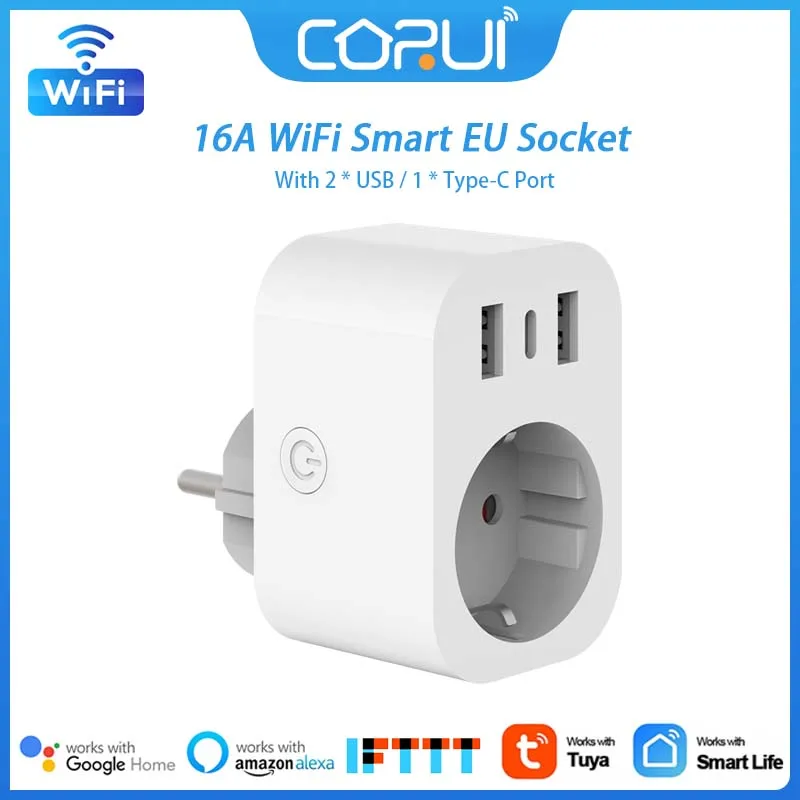 

CoRui 16A WiFi Smart Socket European Standard With 2 * USB / 1 * Type-C Port Mobile App Support Alexa Google Home Voice Control