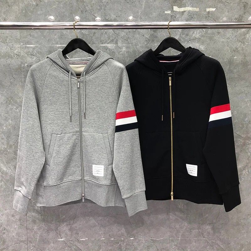 

Thom TB Men's Oversized Long Sleeve Drawstring Drop Shoulder Zip Up Hoodie Sweatshirt Classic Stripe splicing Casual Coat