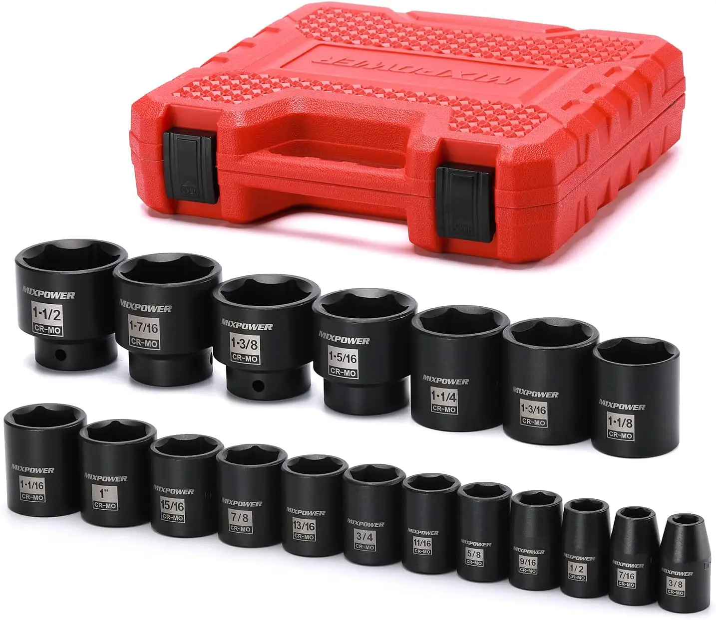

19 Piece 1/2-Inch Drive Standard Socket Set, SAE, Shallow, 3/8" to 1-1/2", Cr-Mo Alloy Steel, Radius Corner Design, Gr