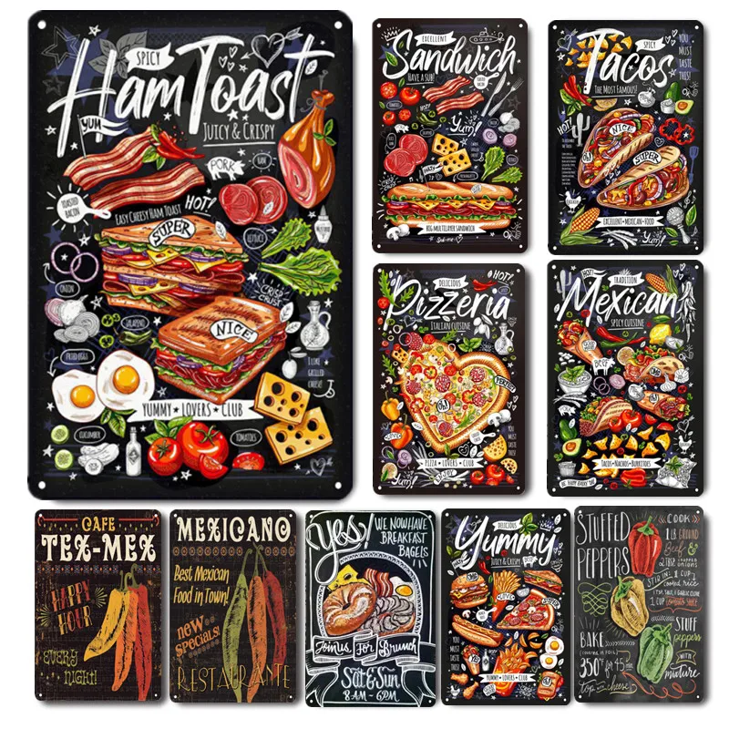 

Mexican Yummy Metal Poster Pizza Tacos Tin Sign Plaque Vintage Food Restaurant Retro Plate Cafe Wall Decor Kitchen Art Painting