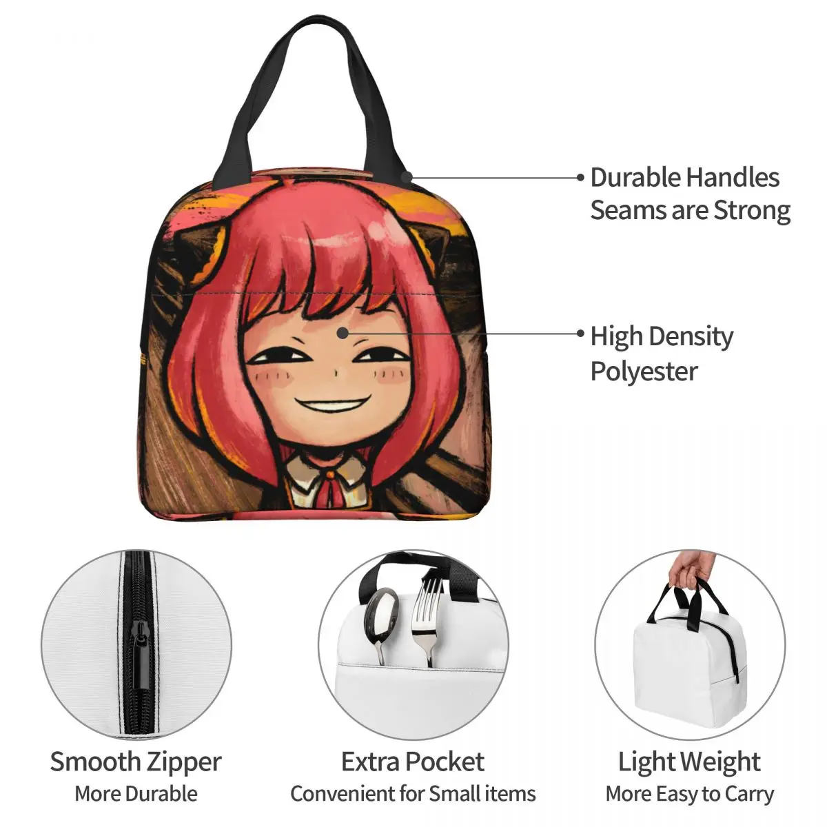 Anya Meme Spy X Family Lunch Bag Waterproof Insulated Oxford Cooler Anime Manga Thermal Picnic Lunch Box for Women Children images - 6