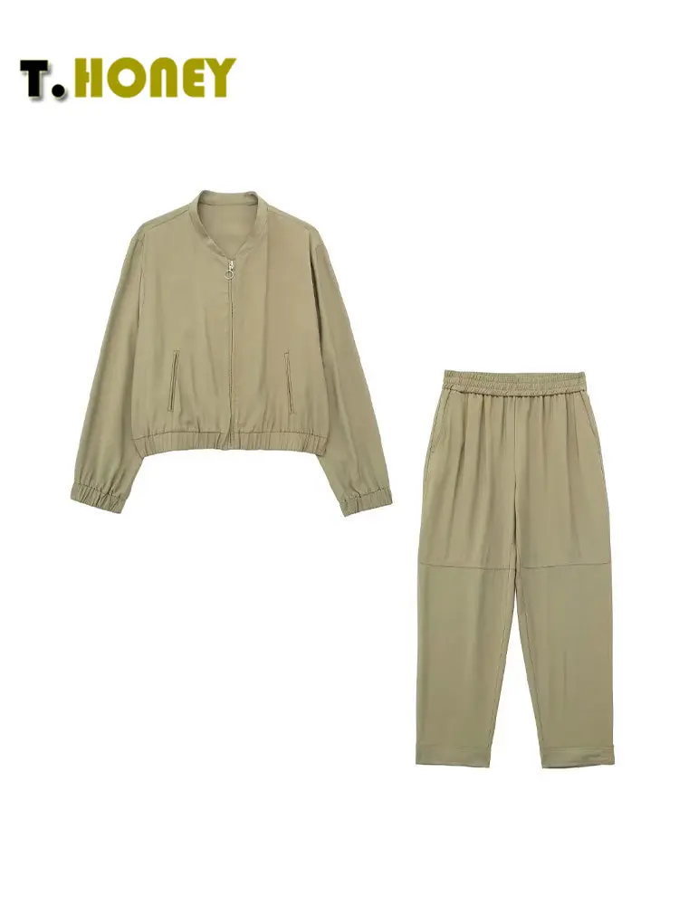 

TELLHONEY Женская модная куртка-бомбер с круглым вырезом и молнией спереди наряды Брюки с эластичным поясом и карманами Повседневный однотонны...