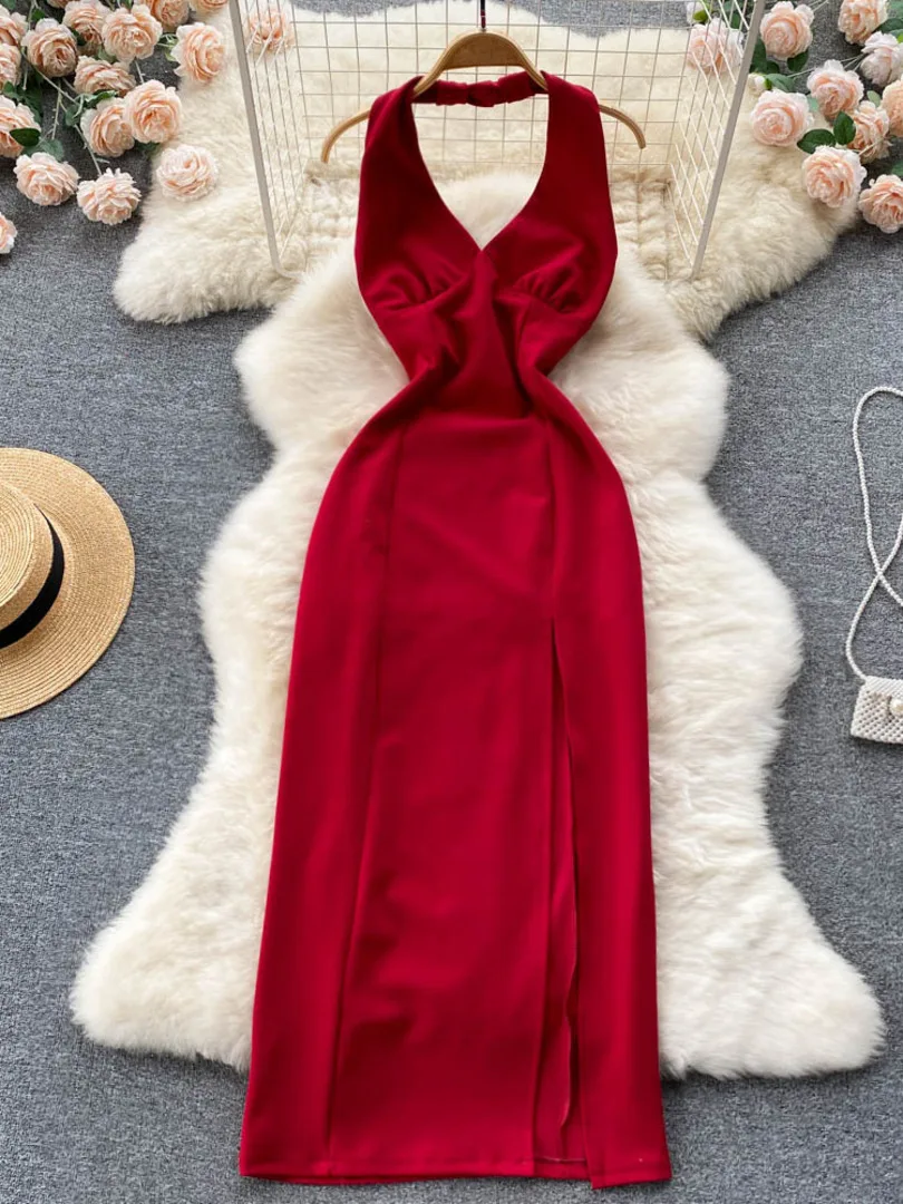 

Summer French Retro Women Dress Sexy Halter Deep V Neck Sleeveless High Waist Backless Side Split Midi Party Club Dress Vestidos