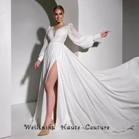 weilinsha white asymmetrical chiffon bridal gowns 2022 summer v neck full sleeve sweep trian wedding dresses robe de mari%c3%a9e 2023
