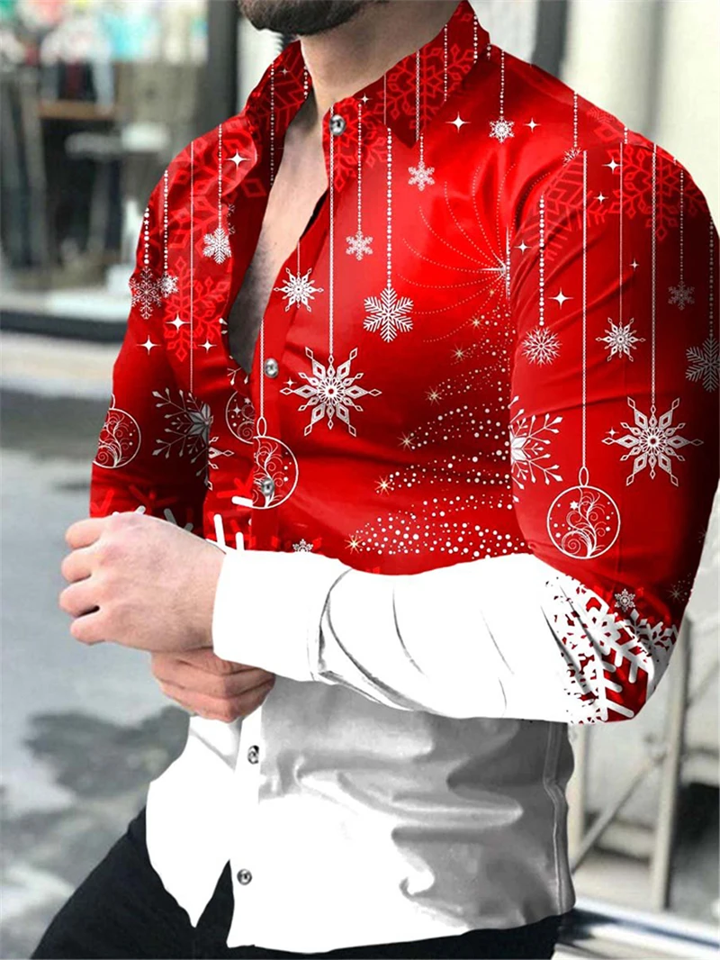

Fashion Men Snowflake Printing Shirts Lapel Button Long Sleeve Shirt Casual Ice Crystals Pattern 2023 New Men's Outdoor Tops