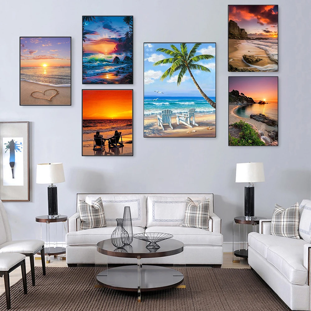 

Настенная картина С закатом на пляже, пейзаж на холсте, природный пейзаж, романтический постер для влюбленных, принты для гостиной, Современный домашний декор