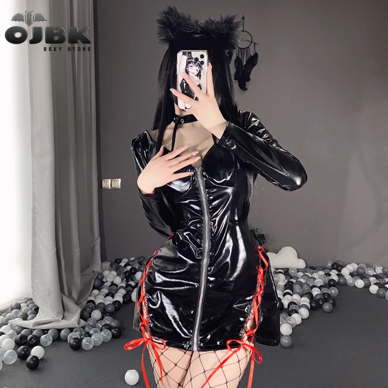 

OJBK Women Lingerie PU Leather Dress Porno Bodycon Dress Sexy Temptation Hollow Backless Costumes Exotic Sleepwear Plus Size