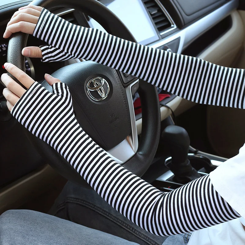 Модные полосатые хлопковые варежки без пальцев, женские летние длинные солнцезащитные рукава для рук, уличные спортивные велосипедные перчатки для вождения S242