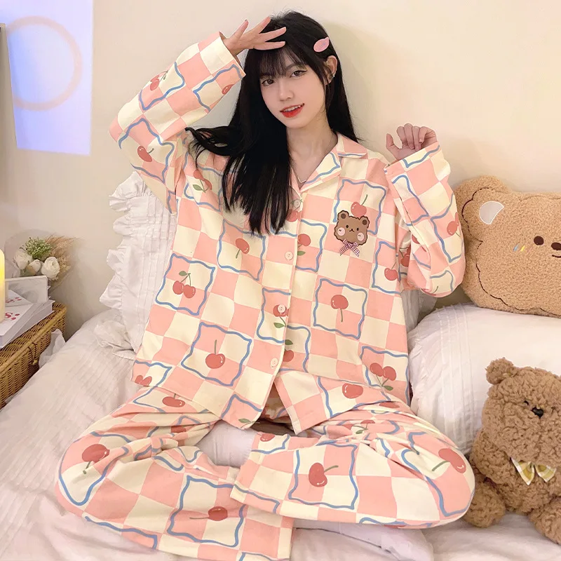 Spring New Sleepwear Ladies Cardigan Pajamas Women Cotton Girls Pajama Suits Lapel Loose Long-sleeved Pants Casual Home Wear Set