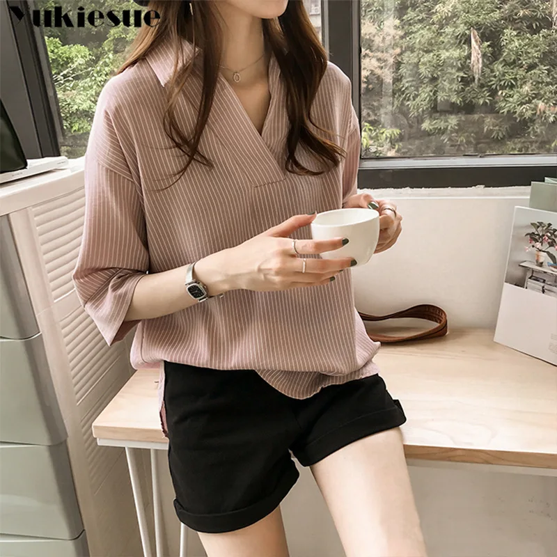 Блузка женская с V-образным вырезом модная рубашка в полоску топ и блузы