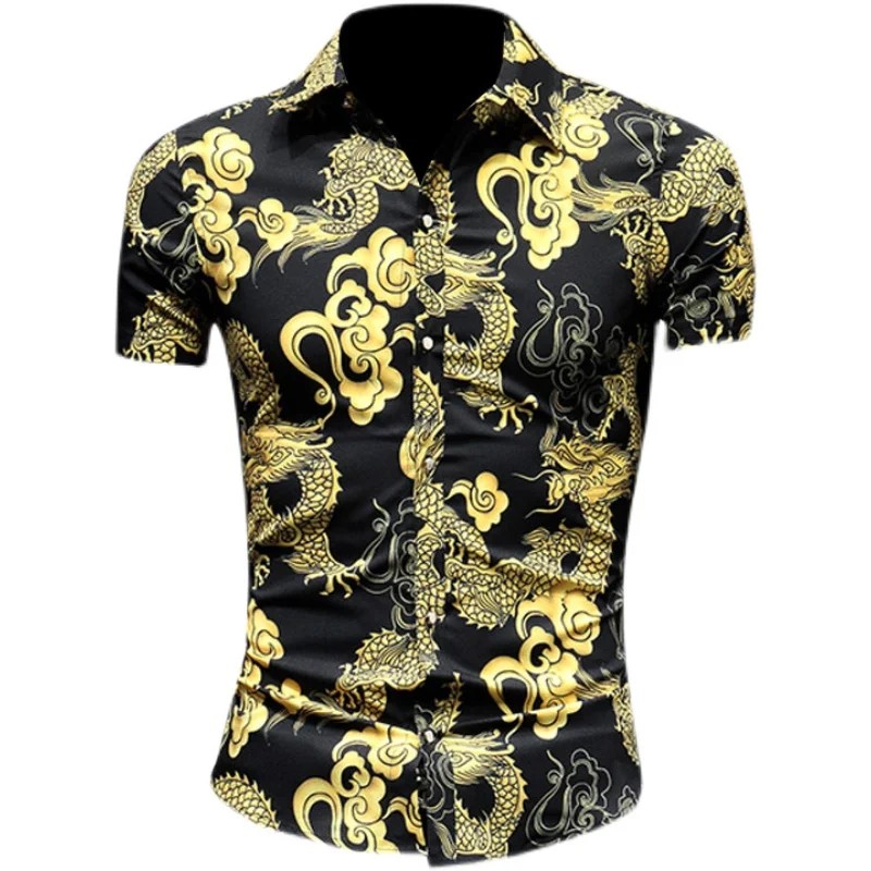 European and American men's wear summer 2022 new Short sleeve lapel single breasted dragon print Fashion shirt