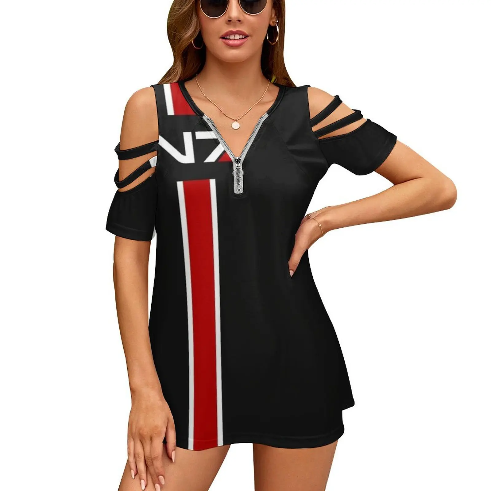 

Женская футболка с эмблемой N7, летняя модная футболка с цветочным принтом и V-образным вырезом