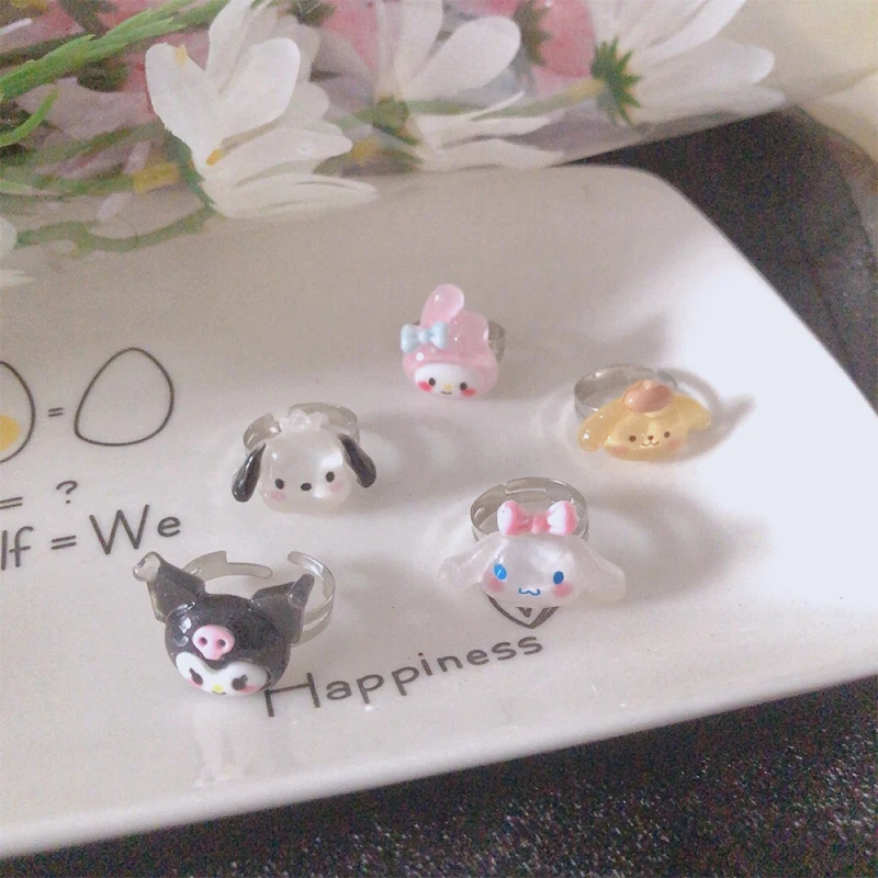 

Kawaii Sanrio Anime Cartoon Kuromi Ins Wind Resin Ring Cute My Melody Cinnamoroll Adjustable Girly Heart Ring Girlfriend Gift