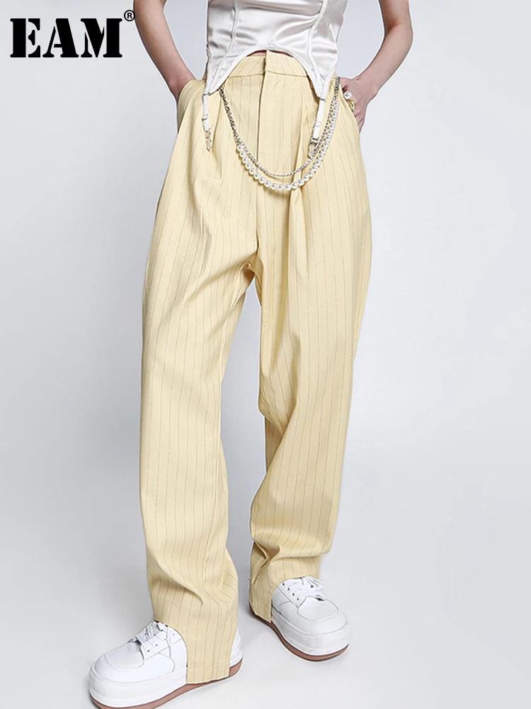 

[EAM] High Waist Yellow Long Irregular Stripe Wide Leg Trousers New Loose Fit Pants Women Fashion Spring Autumn 2022 1DD6006