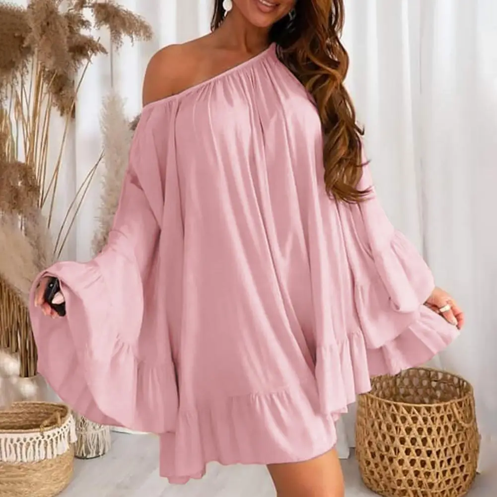 

Elastic Collar Ruffle Hem Oversized Summer Dress Sexy Slash Neck Flare Long Sleeve Party Dress Above Knee Length Casual Dress