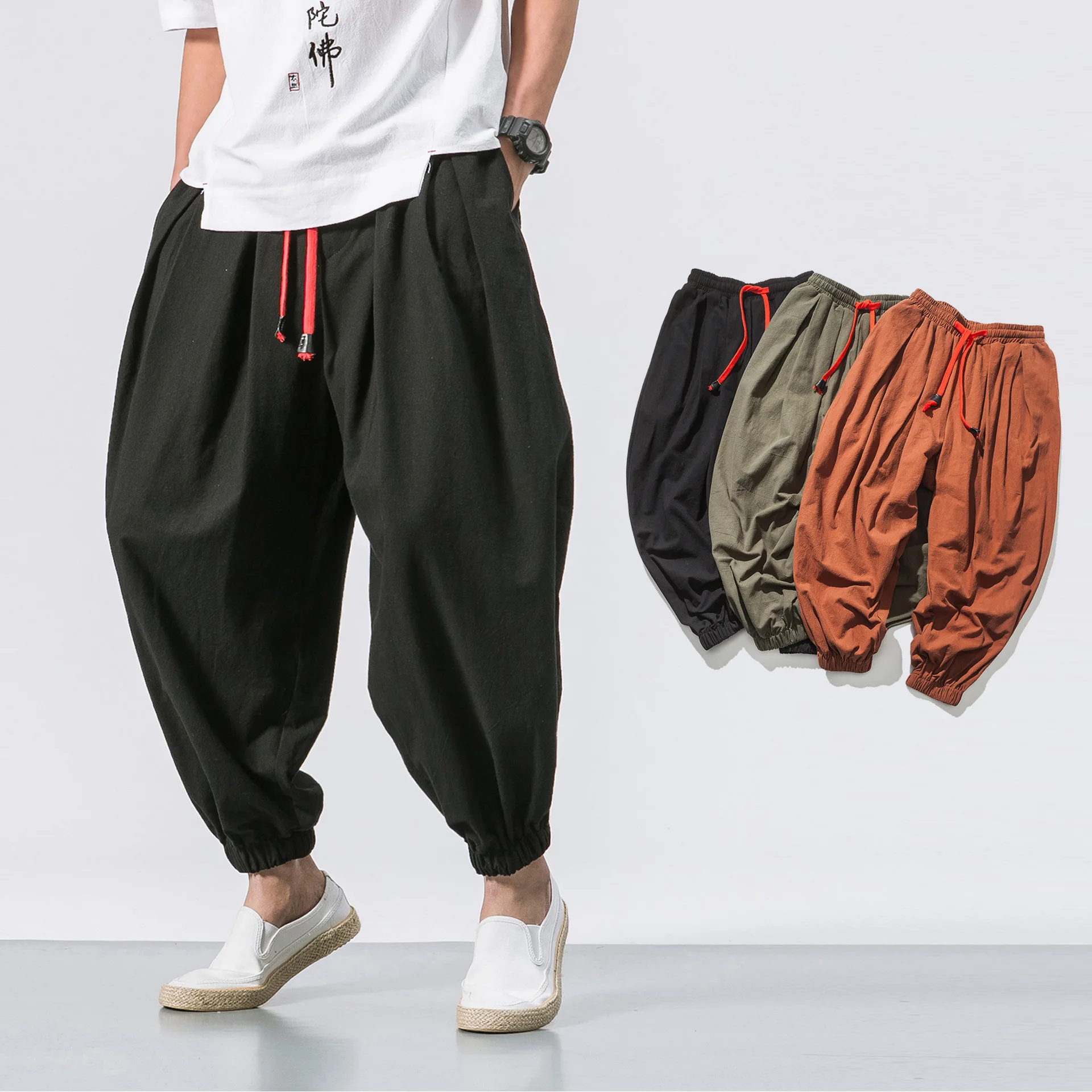 Cotton Linen Men Harem Pant Hippie Chinese Traditional Sweatpant Jogger Fitness Yoga Workout Casual Martial Arts Meditation Pant