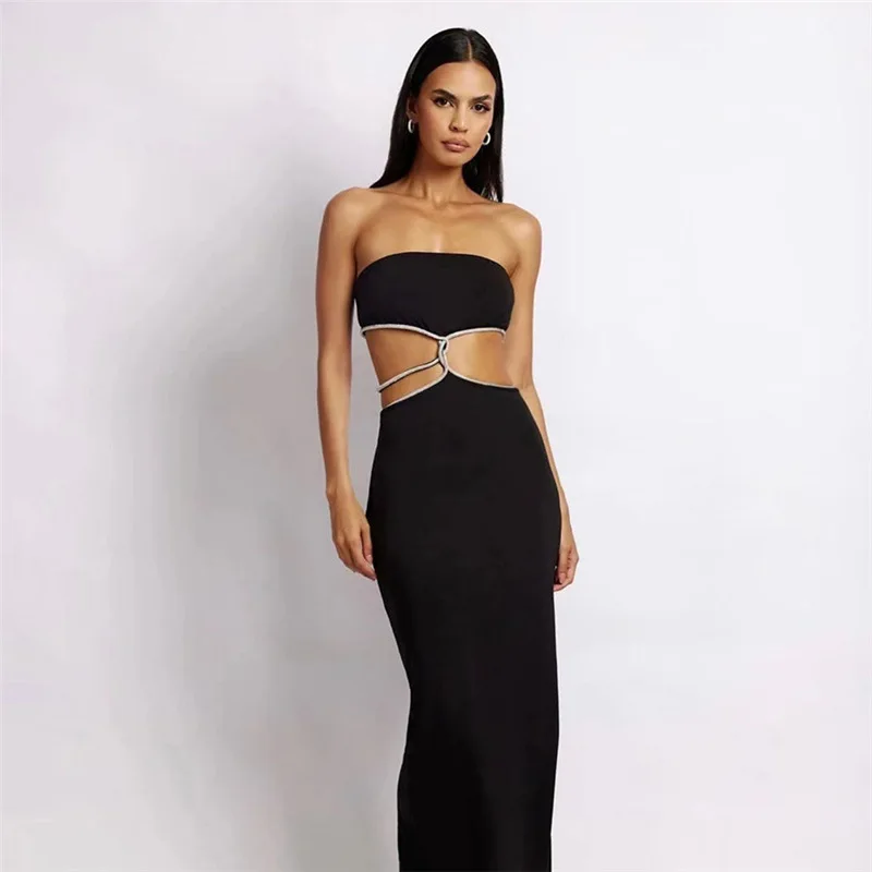 

Sexy Solid Irregular Hole Maxi Dress Women Hot Summer Casual Wrapped Chest Body-shaping Vestido Party Clubwear Female Outfits