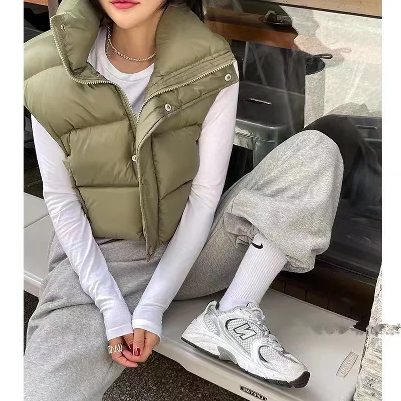 

2022 Women Fashion High Neck Cropped Waistcoat Puff Vest Casual Woman Sleeveless Jacket Chic Lady Winter Warm Coat