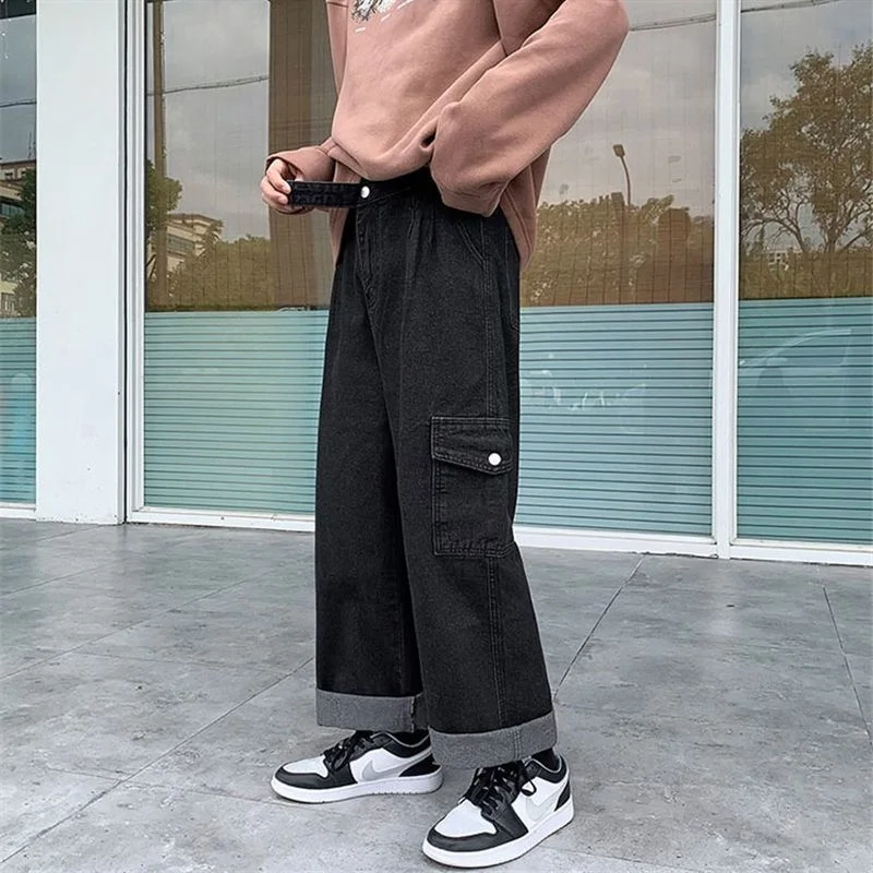 Blue Black Pocket Jeans Men Fashion Casual Wide Leg Jeans Men Streetwear Loose Hip Hop Straight Cargo Denim Pants Mens Trousers