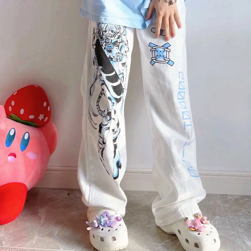 MINGLIUSILI-pantalones de pierna ancha para mujer, ropa informal holgada con estampado de Anime, moda de verano, Y2k, estilo Harajuku, Ciberpunk, 2021