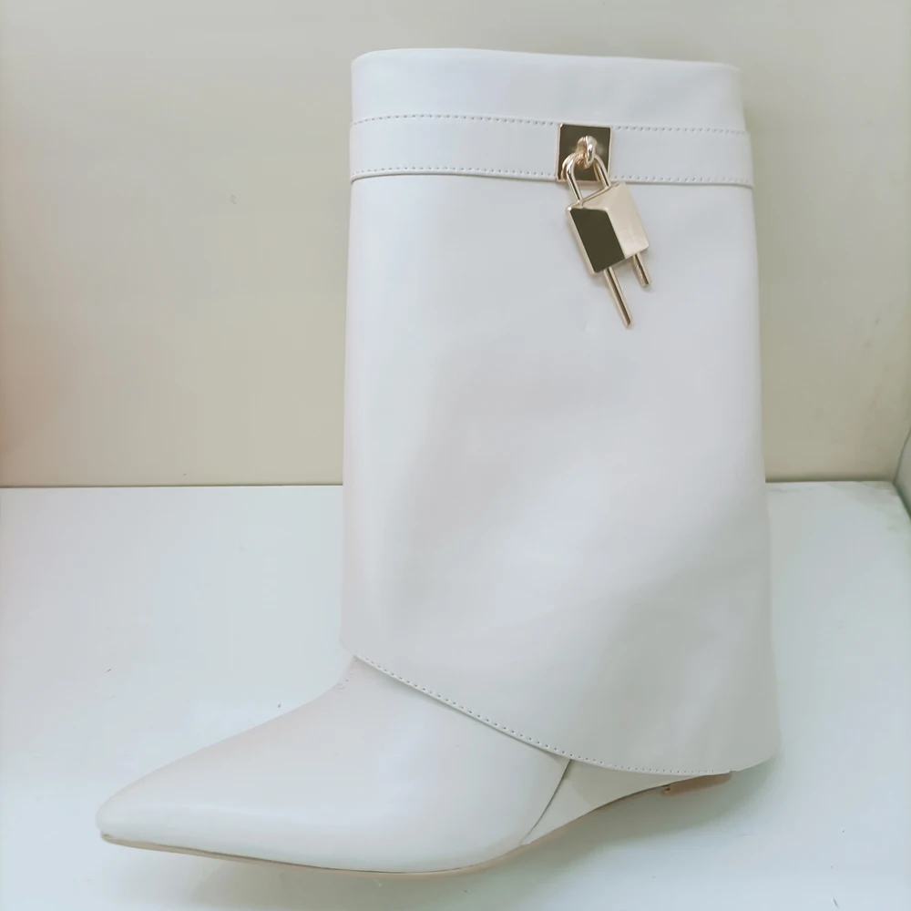 Women Luxury Overlay Ankle Boots Ladies Shoe Black Fold Wedge Booties Lock Shark Booty Big Size Mujer Chaussures Botas Mujer