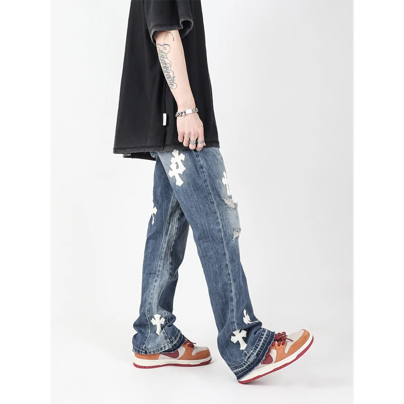 Loose Welt Cross Blue Wide Leg Jeans Pant Slim Fit Women Hip Hop Distressed Destroyed Flared Jeans Torn Men High Street Vintage