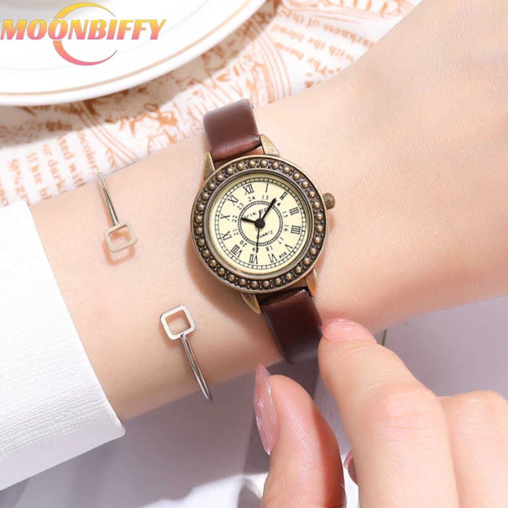 

Vintage Leather Women Bracelet Watches Brown Retro Roma Quartz Ladies Quartz Watch Leather Thin Band Small Dial Relogio Feminino