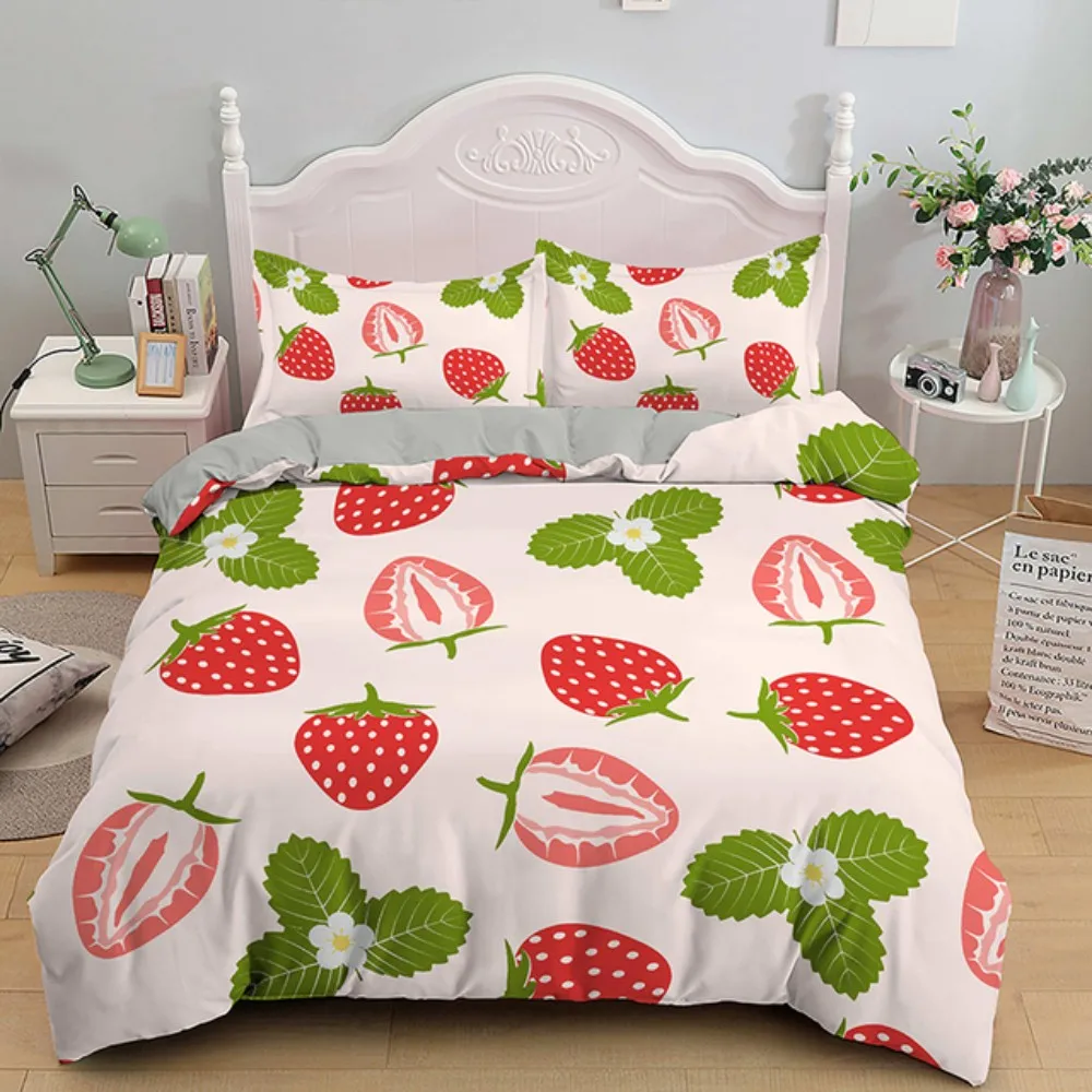 

Pink Strawberry Bedding Set Cartoon Fruits Comforter Sets Single Double Twin Full Size Duvet Cover Set Kids Girls Soft Bed Linen