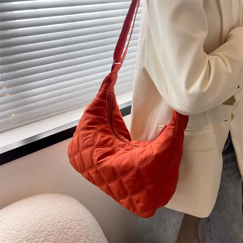 

Crossbody Orange Bag For Women Nylon 2022 Fashion Diamond Lattice Korean Cotton Cloth Handbags Large Balck Women'S Shoulder Bags