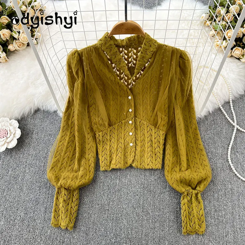 

Vintage Long Puff Sleeve Halter V-Neck Frosted Lace Shirt Women Spring Autumn Top