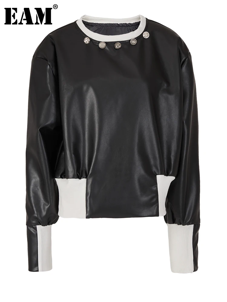 

[EAM] Loose Fit Black PU Leather Sweatshirt New Round Neck Long Sleeve Women Big Size Fashion Tide Spring Autumn 2023 1DF6426