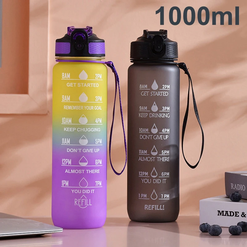 

1000ml Water Bottle with Time Scale Outdoor Sports Water Bottles with Straw Frosted Leakproof with Rope Motivational Sport Cups