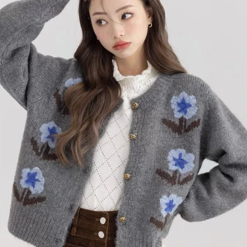 

Ladies Sweaters Cardigan Grey Knitted Top for Women Kawaii Cute Graphic Cold Winter Korean Style Jumper 90s Vintage Warm Fashion