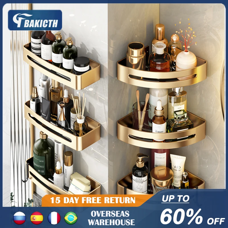 

Space Aluminum Bathroom Shelf Shower Shelves Need to Drill Hole Wall Mount Shower Storage Rack Corner Shelf Bathroom Accessories