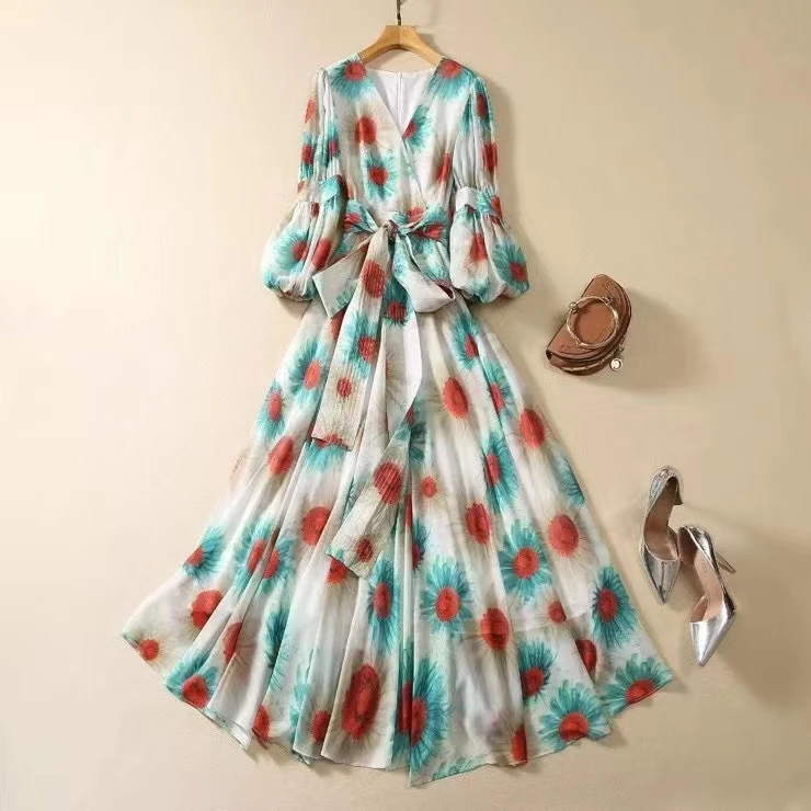 

Женская одежда в европейском и американском стиле, Новинка осени 2023, модное плиссированное платье с длинным рукавом-фонариком и V-образным вырезом и синим принтом XXL