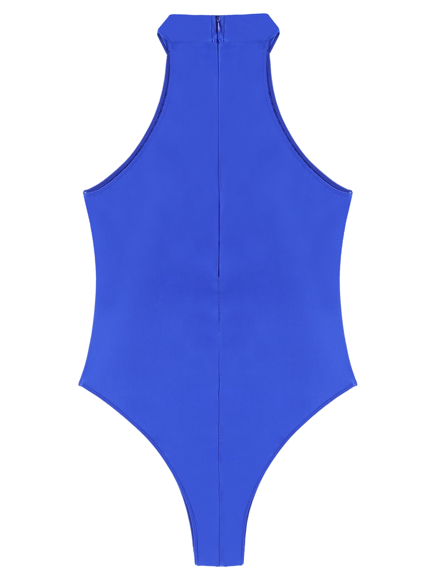 Women's Swimsuit Glossy Mock Neck Back Zipper Swimming Bodysuit Beachwear Sport Fitness Solid Color Sleeveless Leotard Swimwear