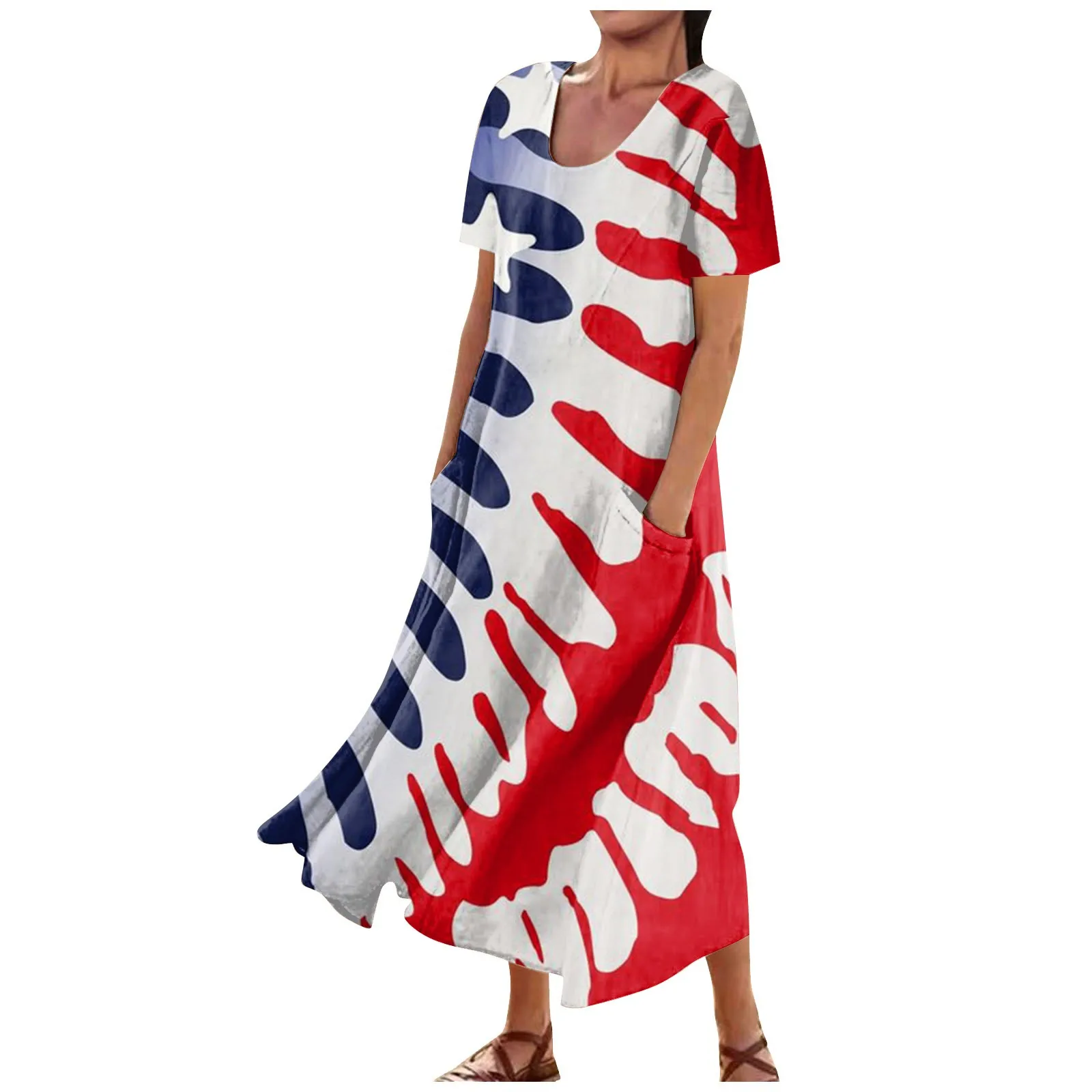 

Women's Summer Loose Crewneck Independence Day Print Short Sleeved Large Swing Dress With Pocket Vestidos платье летнее женское