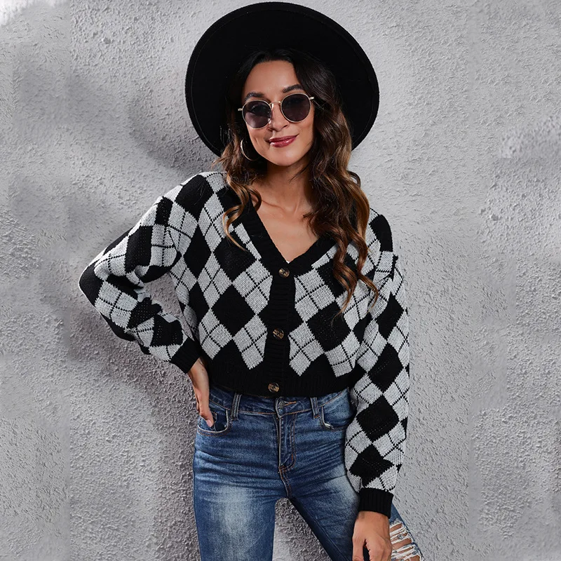 

2022 Spring Women Sweater Full Sleeve Argyle Color Knitted Sexy V-Neck Loose Casual Style Female Cardigan Knitting C3427