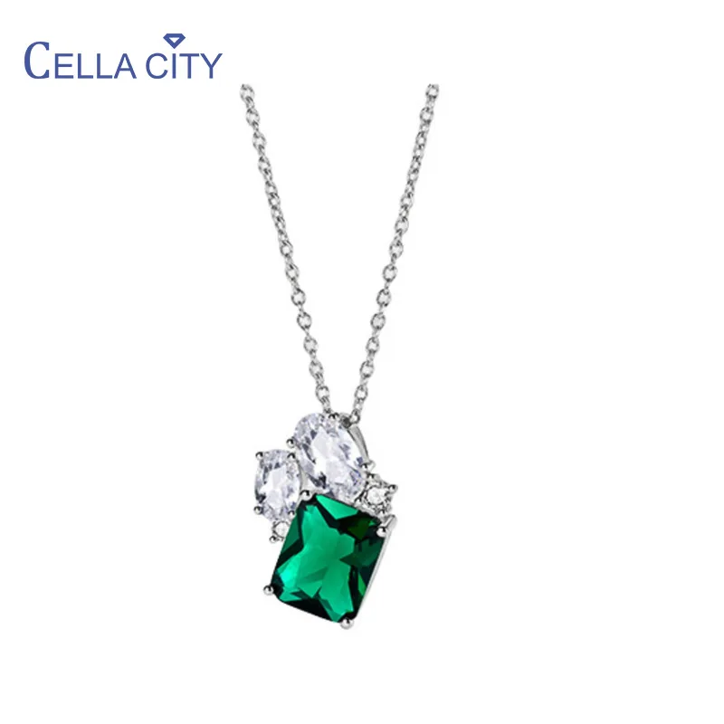 CellaCity Geometry Pendant Necklace For Women 8*10mm Green Blue Zircon Silver Jewelry S925 O-chain Clavicle Chain Female Gift