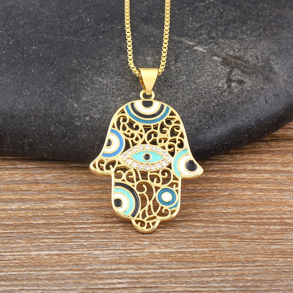 

Nidin Hot Sale Unisex Luxury Jewelry Hand Hamsa Palm Evil Eye Shape Heart Pendant Necklace Hollow Cool Men Women Party Gift