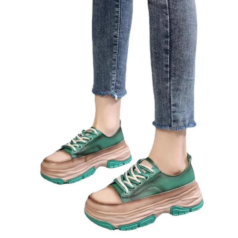 Genuine Leather Shoes For Women 2022 New Thick-Soled British Style Sports Casual Shose Comfy Breathable Fashion Platform Shoes