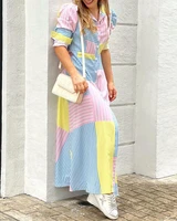 women striped print colorblock puff sleeve shirt dress 2022 spring casual long dress elegant femme maxi dress street wear