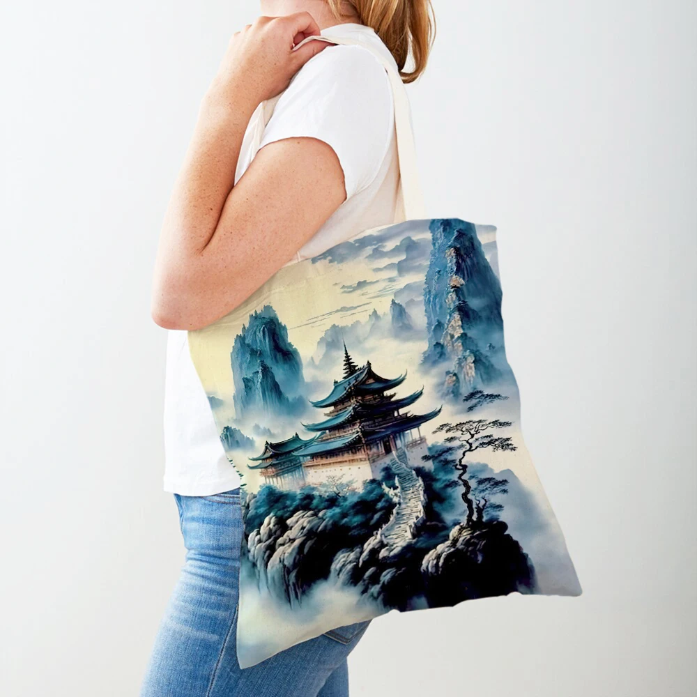 

Женские сумки для покупок с китайским рисунком леса, Повседневная Холщовая Сумка с двойным принтом, украшение, красивый пейзаж, сумка-шоппер, женская сумка-тоут
