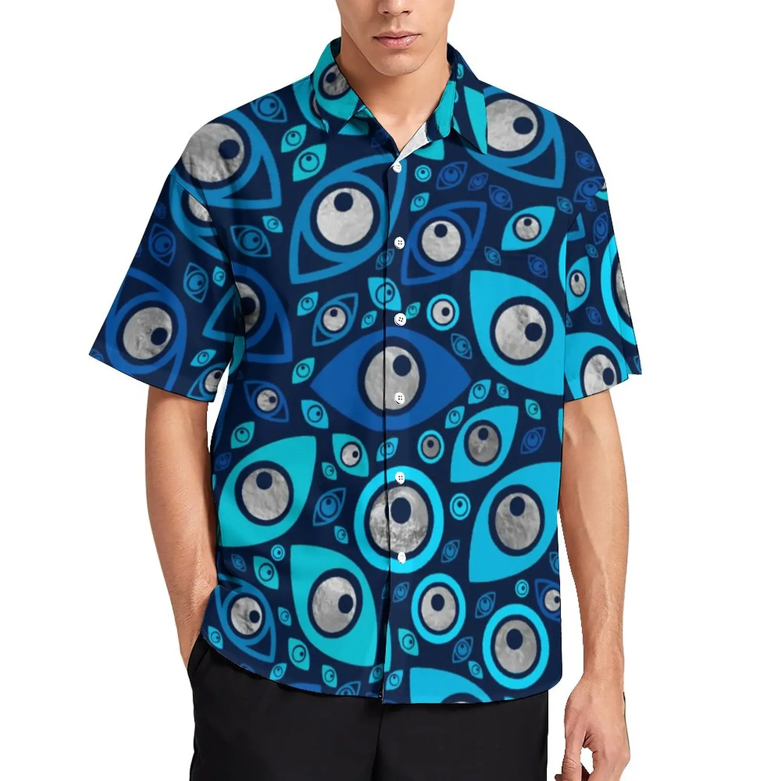 Blue And Silver Evil Eye Casual Shirts Greek Amulet Beach Shirt Hawaiian Streetwear Blouses Men Print 3XL 4XL