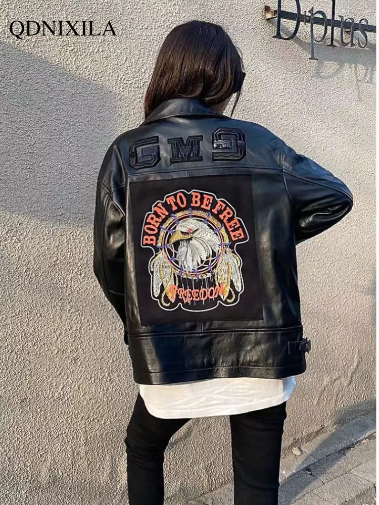 Women's Moto Biker Zipper Jacket Spring 2023 New Outerwear Women's Bomber Jacket Leather Jacket Women Sheepskin Coat for Women