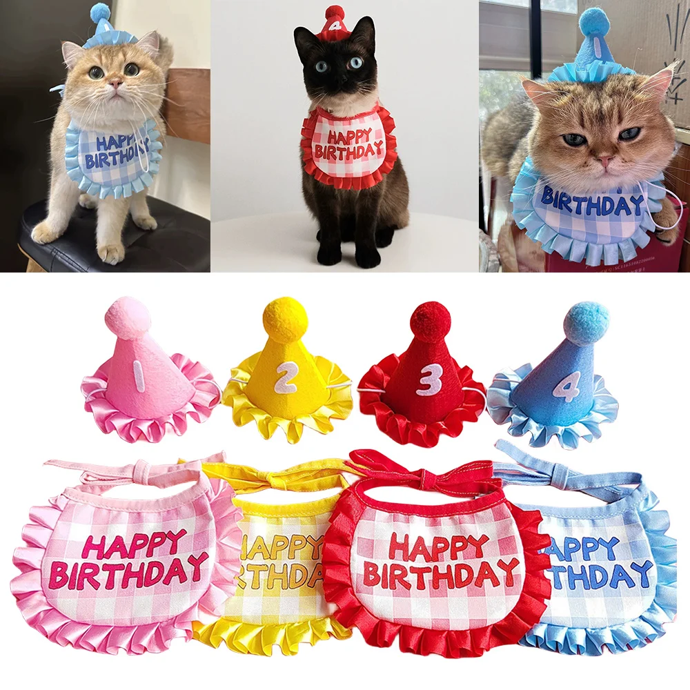 

Dog Birthday Scarf Hat Set Cat Birthday Party Supplies Pet Scarf Boy Girl Puppy Birthday Lace Hat Scarf For Small Medium Dog Pet