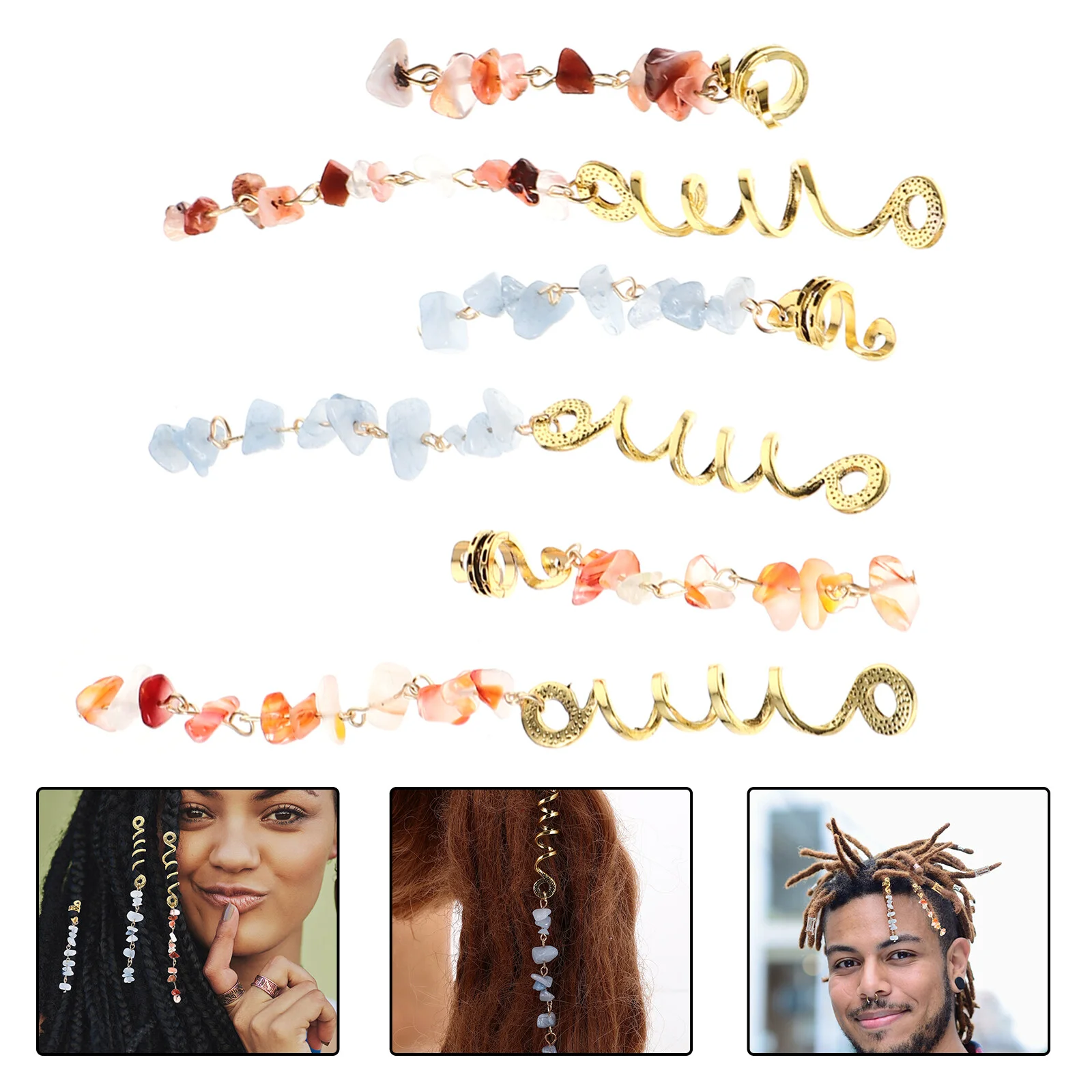 

6 Pcs Hair Accessories Braids Decorations Jewels Short Charms Natural Stone Pendants Dreadlock Beads Cuffs Braiding
