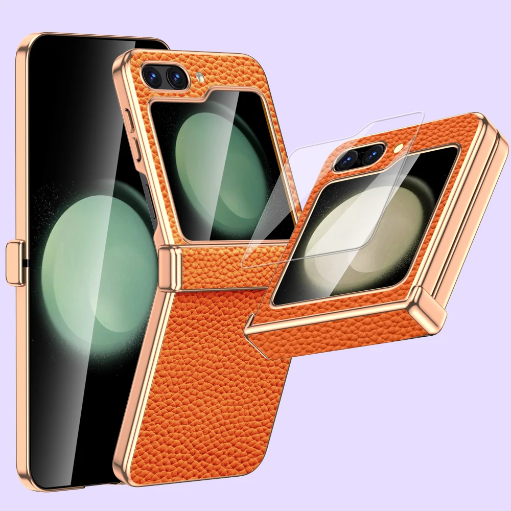 

Natural Cowhide Leather Phone Case for Samsung Galaxy Z Flip5 Flip 5 ZFlip5 Luxury Hinge Protection Cover with Tempered Glass