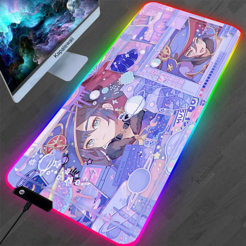 

Genshin Impact RGB Gaming Computer Mousepad XXL Large Gamer Desk Mat Anime Mouse Pad LED Light Mause Pad Backlit Keyboard Mats