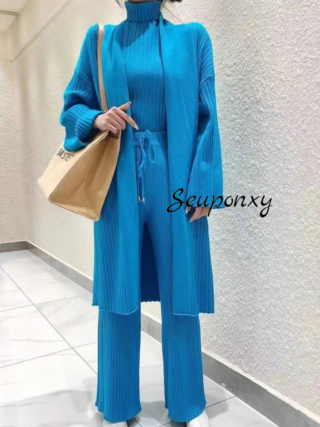 Женский трикотажный Комплект из 3-х предметов длинный кардиган пуловер без